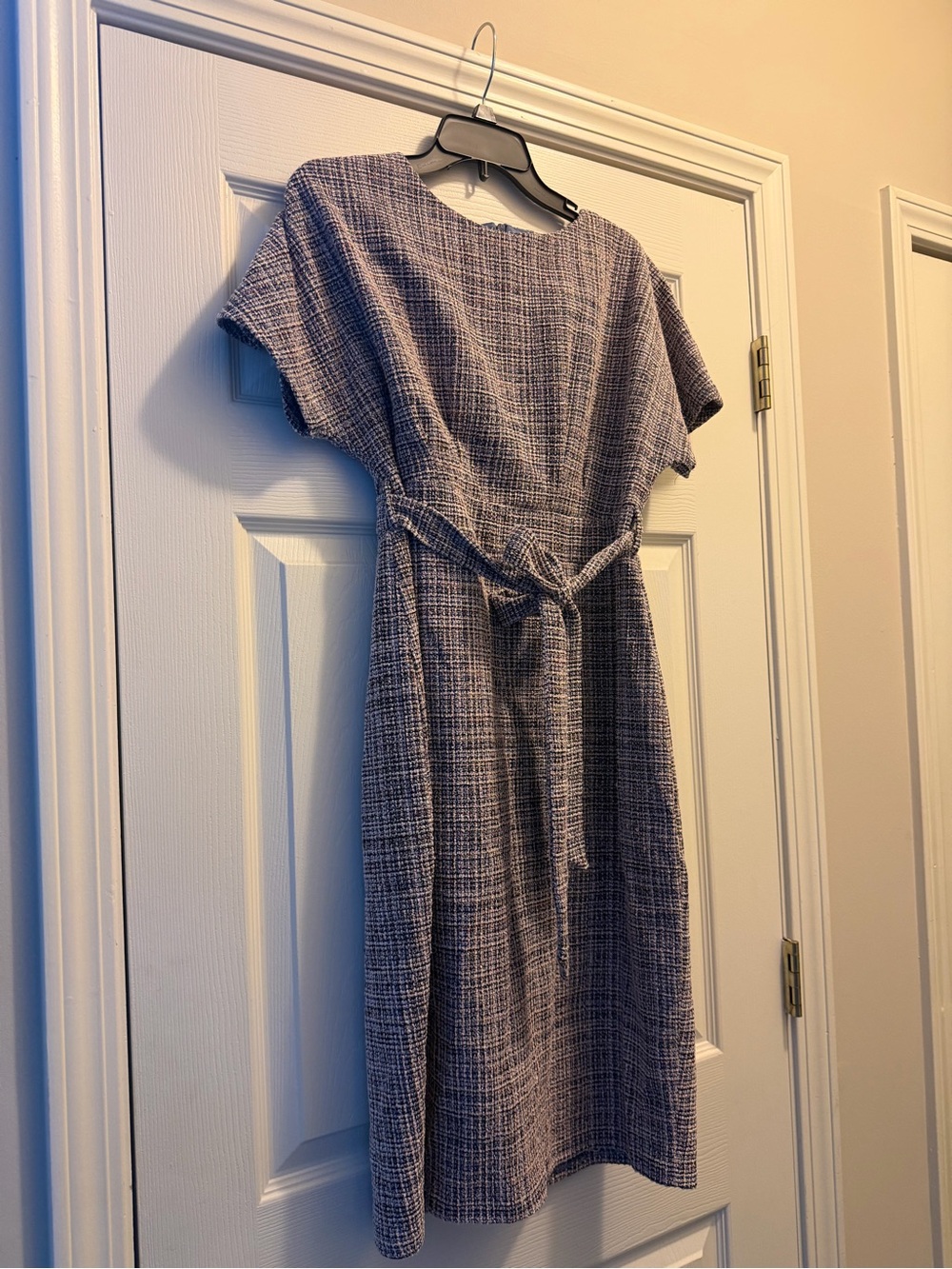 Classic Tweed Midi Dress with Tie Waist - Gray
